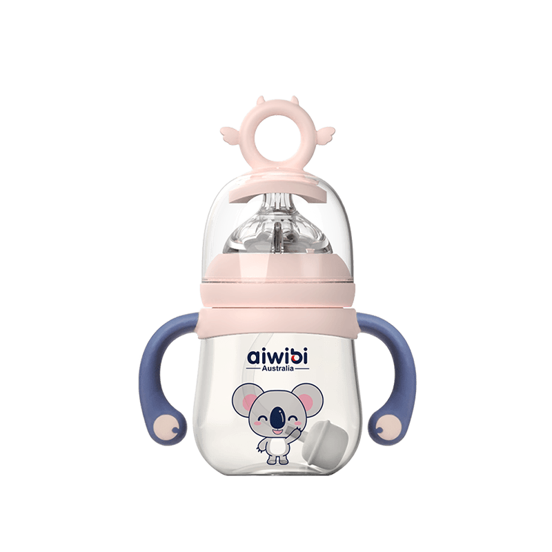 A pink Aiwibi PPSU baby milk bottle with a koala design, equipped with handles and measurement markings.